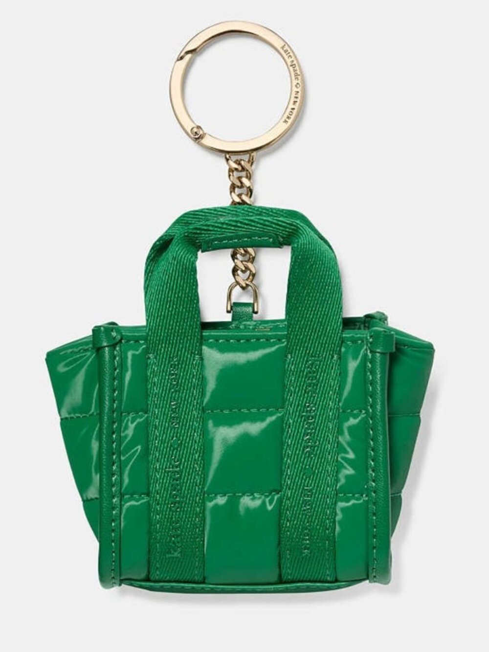 kate spade green quilted mini tote keychain with gold hardware